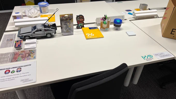A photo of our desk at Melbourne Connect, including a Lego DeLorean and Nintendo figures.
