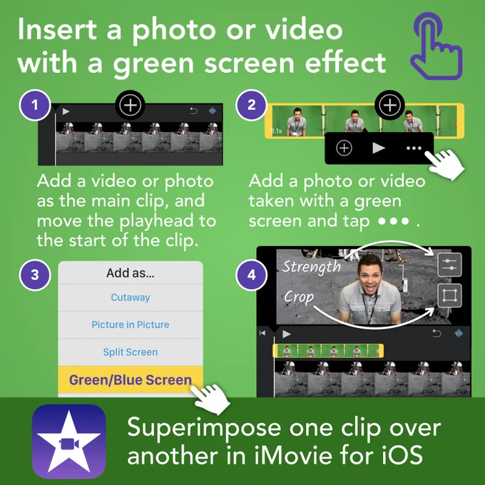 Four steps for superimposing one clip over another in iMovie for iOS