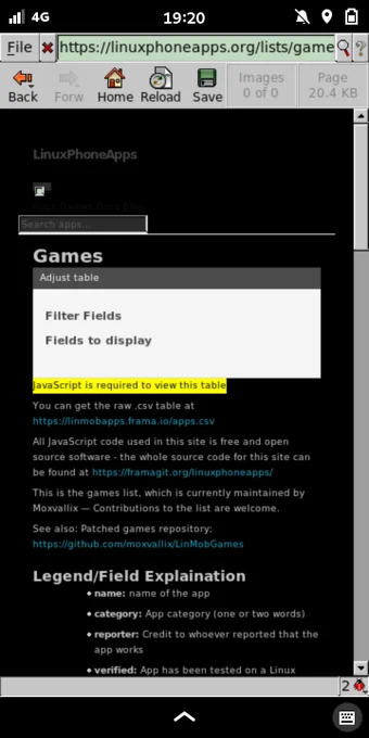 The LinuxPhoneApps.org Games list being unusable in Dillo