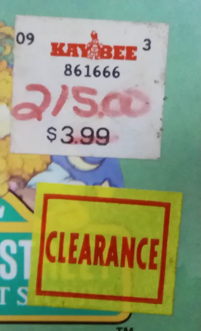 Vintage Kay-Bee Toys Price Sticker with Clearance Sticker on there from 1992 Sesame Street children's book "Ernie and the Merry Monsters"