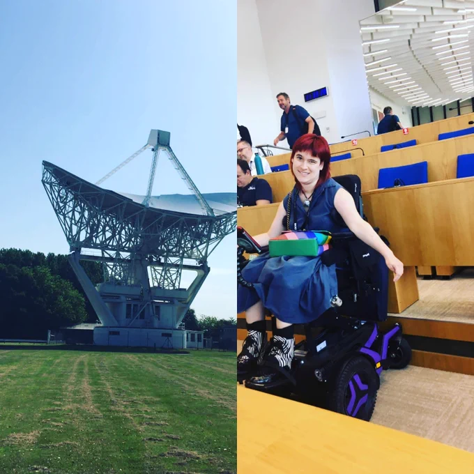 Right : radio telescope against blue sky
Left : me at the main lecture room at Jodrell Bank 