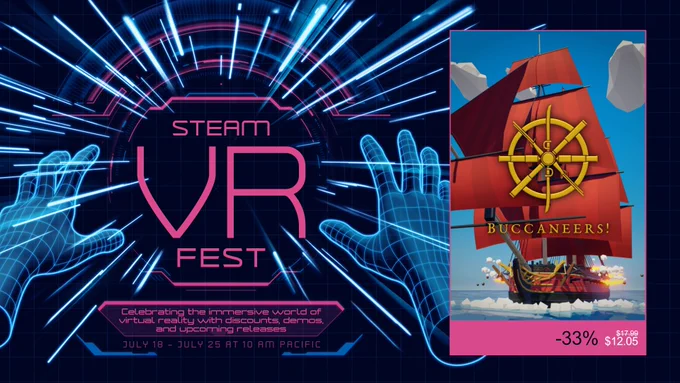 A ship with red sails next to the words "Steam VR Fest".