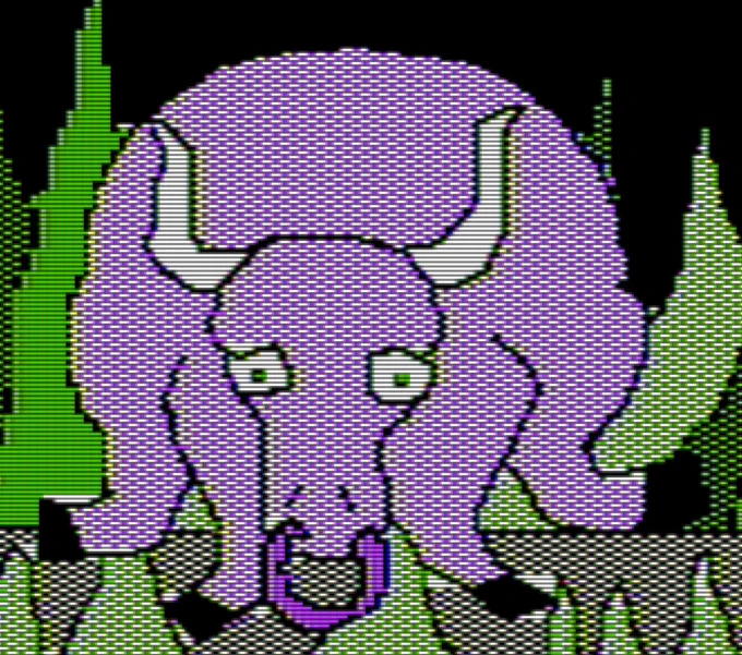 A pixelated pink bull with it's legs seemingly bent outwards, from the 1981 computer game "Cranston Manor." (Made for the Apple II.)