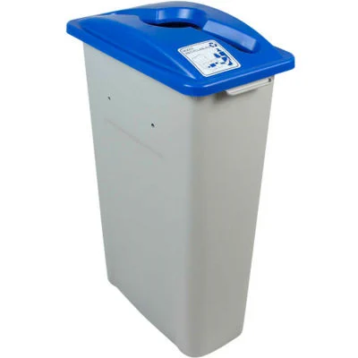 grey garbage can with a blue lid. like jacob's stupid shirt