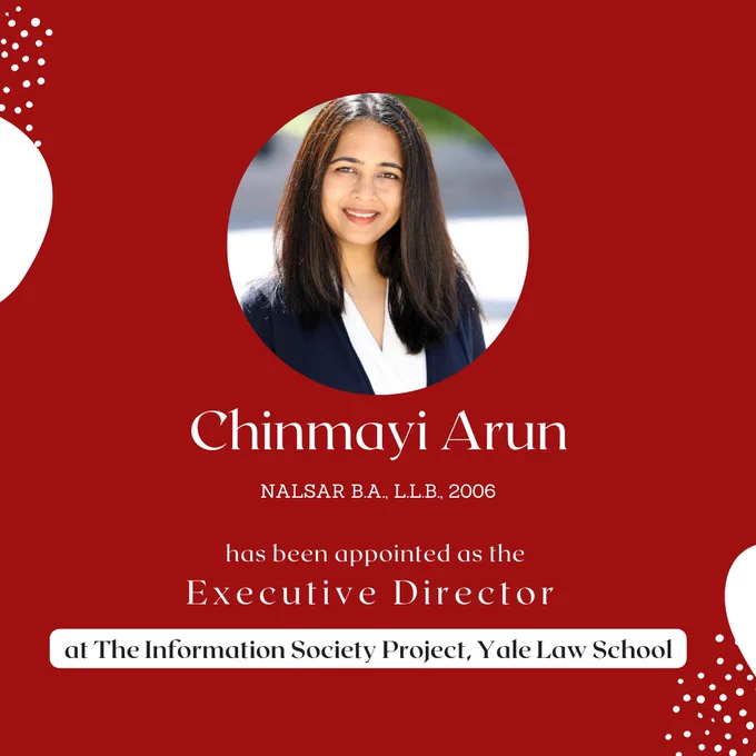 We are delighted to share that @chinmayiarun (B.A., L.L.B., Class of 2006) has been appointed as the Executive Director at the Information Society Project @yaleisp. We extend our heartiest congratulations to Chinmayi and wish her the best for her future endeavours.