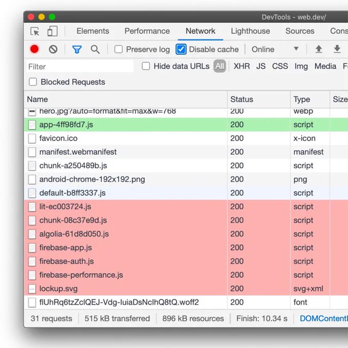 Chrome DevTools screenshot where an initiator request appears highlighted in green and dependencies in red.