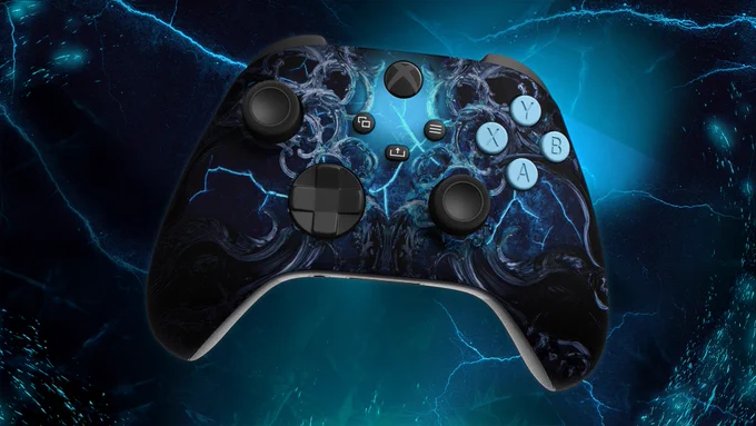 An image of the Custom Outriders Worldslayer Xbox Controller. The background has blue lighting and spark effects with a light blue to dark blue gradient