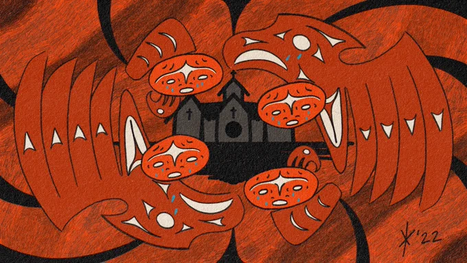 Artwork designed by Eliot White-Hill. The piece is a variation of the Kuper Island logo. The faces of the four students are visible but they are held by two thunderbirds. The students are now in the foreground, with the dark building of the Kuper Island Residential School fading into the background. 