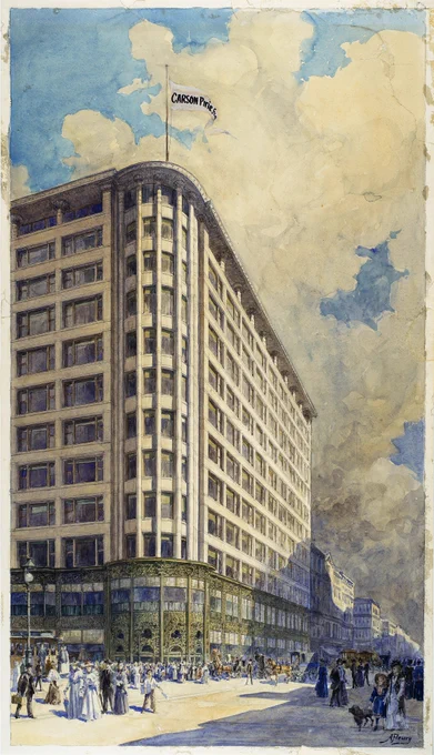 A color watercolor rendering by Albert-Francois Fleury (1848–1924) showing the view looking southeast at the Carson, Pirie, Scott & Co. building at State and Madison Streets. The multistory building  has a small pennant flag on top, and the bottom of the work indicates an urban setting with pedestrians and a few horse-drawn carriages.