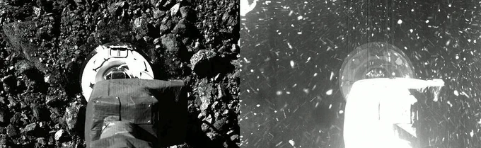 On the left, a top-down view of the rocky, dusty surface of asteroid Bennu as OSIRIS-REx descends. On the right, the surface of Bennu as OSIRIS-REx tapped the surface.