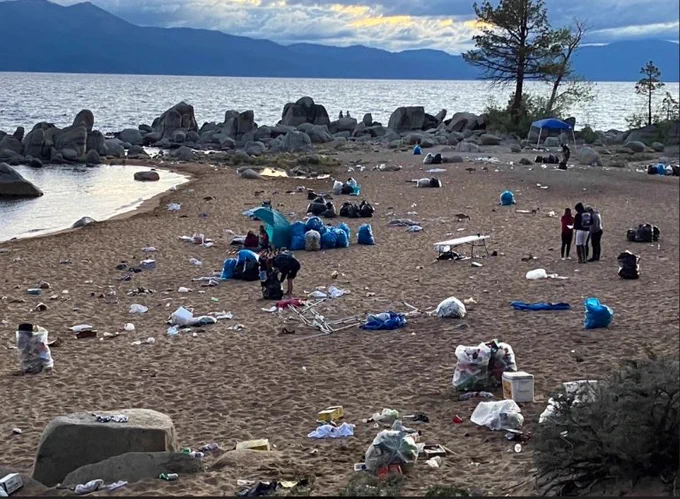 A picture of trash left behind on the beaches of Lake Tahoe