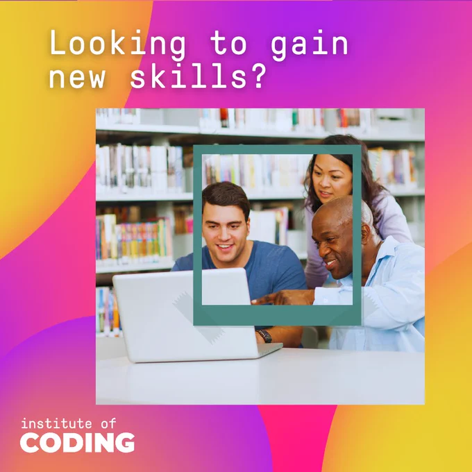 3 people looking at a laptop. Text says "Looking to gain new skills?"