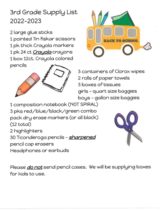 3rd Grade Belle Aire Supply List