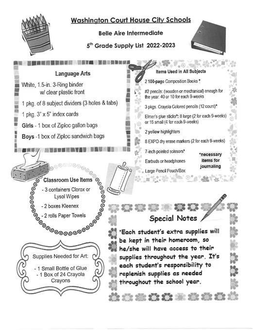 5th Grade Belle Aire Supply List