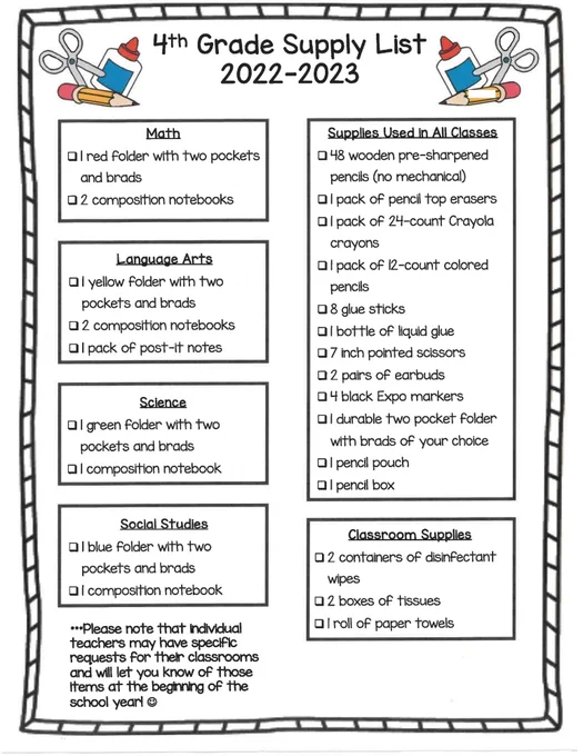 4th Grade Belle Aire Supply List