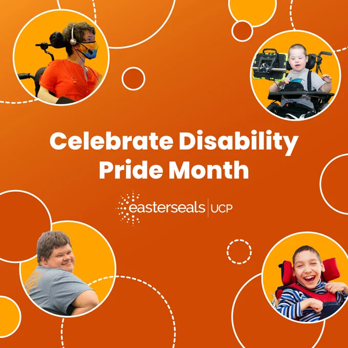 Title reads Celebrate Disability Pride Month in the center with pictures of individuals living with disabilities around it.