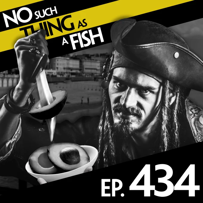 Black and white thumbnail for Episode 434 of No Such Thing As A Fish. A stereotypical pirate holding a bowl of avocados and stabbing another avocado with his cutlass.