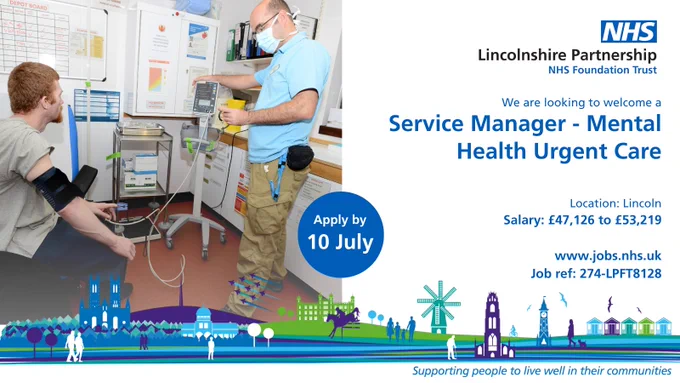 Time to running out to become our new Service Manager for Mental Health Urgent Care.  This is a permanent role in Lincoln that pays £47,126 to £53,219 per annum.  You have until 10 July apply.  Find out more and apply at https://bit.ly/3nP1EG8