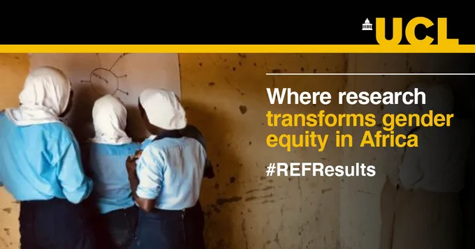 Three 16 year old girls in blue school uniforms gather around a handdrawn diagram pinned to a wall in a rural classroom. Text reads "Where research transforms gender equity in Africa #REFResults" under a black and yellow UCL banner.