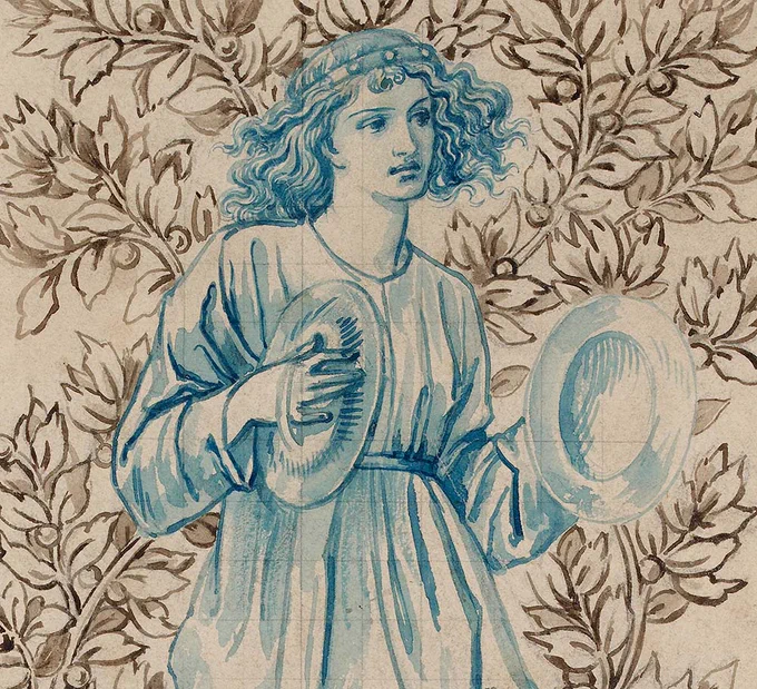 A drawing of a figure holding cymbals surrounded by vines