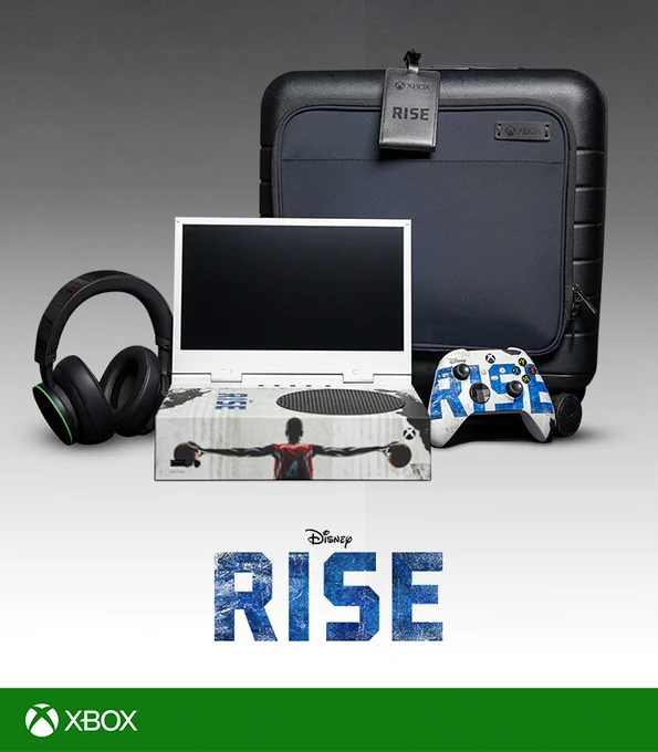 Image of a wireless Xbox headset, custom Rise Xbox Series S console with a flipped open screen attachment, travel case exterior, and custom Rise Xbox controller. Text below reads, "Disney: Rise"