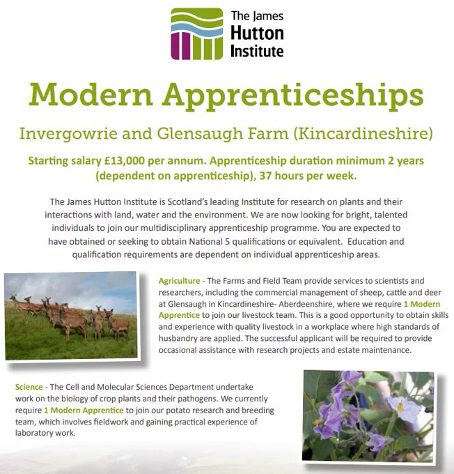 Modern Apprenticeships vacancies available at the James Hutton Institute: Invergowrie and Glensaugh Farm (Kincardineshire).