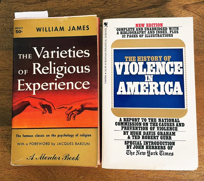 Covers of two books: The Varieties of Religious Experience and The History of Violence in America