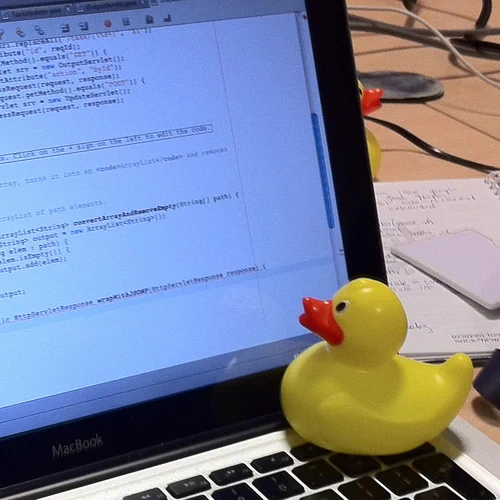 a rubber ducky sitting on the keyboard of a macbook; the screen of the laptop displays java code
