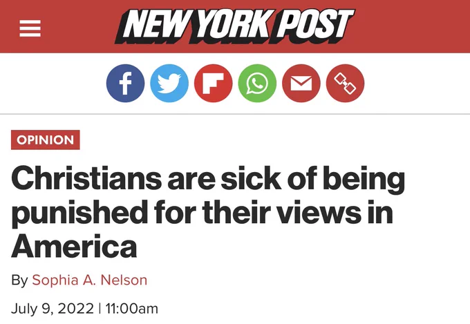 Screenshot of headline: Christians are sick of being punished for their views in America.