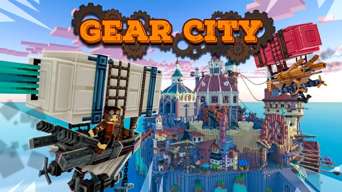 The title "Gear City" is displayed over an imagine, in which two airships are racing towards a city.