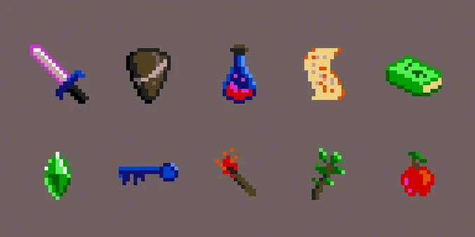 simple pixel art inventory items like one would see in an old RPG game: showing a magic sword, kite shield, potion with bubbling liquid, parchment scroll, green spellbook and in the second row, a green gem, blue key, burning torch, branch with herbs, and an apple