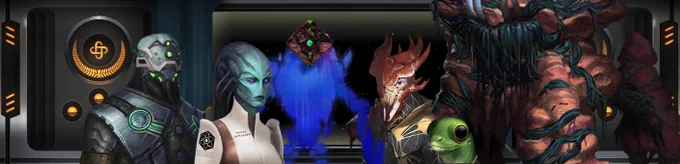 a group photo of representatives from each member of the PEACE Federation: from left to right, a robotic Vect from the Elepharchy, a humanoid Alari from the Alari Interstellar Commonwealth, an energy-being Herald from the Vakthar of Song, an arthropoid Silranian from the Union of Communal Councils, a gecko-like Darexi from the Darexi Republic, and a giant lithoid rock-being Bzadi from the Bzadi People's Republic