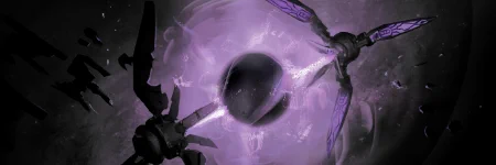 a gateway: an orb of swirling subspace energy, black surrounded by an ominous purple glow, with two enormous three-armed constructs "holding" it