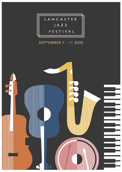 Image of the Lancaster Jazz Festival brochure cover, black background with Lancaster Jazz Festival logo top central, with images of instruments in different colours below. 
