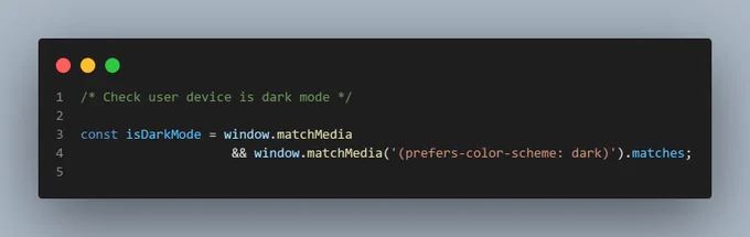 check user device is dark mode js code snippet 