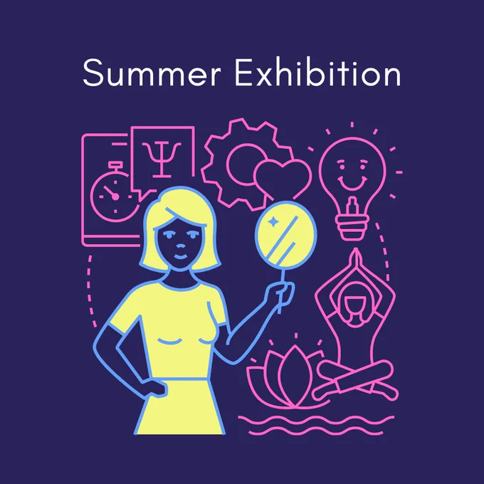An image of a illustrated person holding up a mirror with images like a lightbulb, heart, cog, lotus flower, stopwatch etc. around them. The word summer exhibition sits above the image.