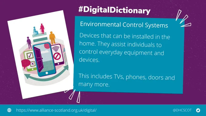 There is an image of a mobile phone with a door inside the screen to represent the digital front door. The there is a box with the definition of "Environmental Control Systems". Devices that can be installed in the home. They assist individuals to control everyday equipment and devices. This includes TVs, phones doors and many more.  https://www.alliance-scotland.org.uk/digital/discover-digital/ @DHCScot