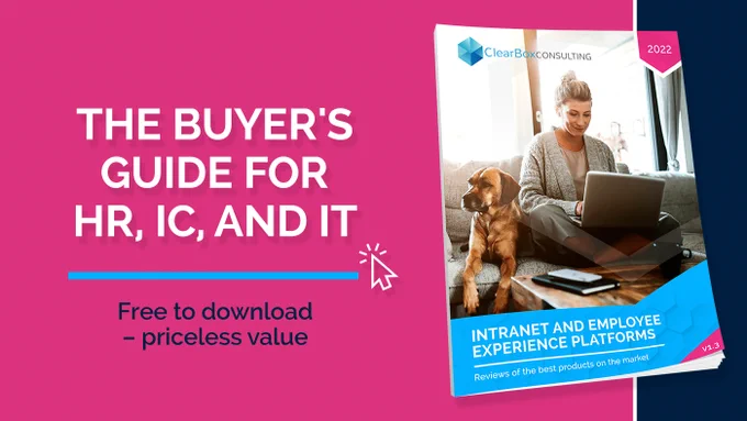 The buyer's guide for HR, IC, and IT. Free download, priceless value. Cover of report showing woman, couch, laptop, dog. 