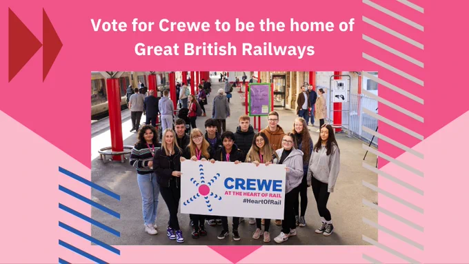 young people with banner supporting Crewe's Great British Railways headquarters bid