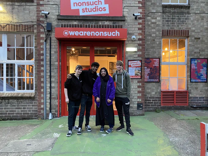 Final Team picture: Mary, Daryl, Riz, and Sam, in front of the Nonsuch Studio Entrance
