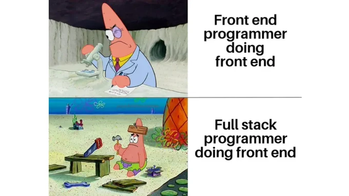 Patrick Star looking into a microscope. Caption reads "Front end developer doing front end."
Next panel, Patrick Star is nailing a wooden board to his head, obviously dumb. Caption reads "Full stack developer doing front end" 