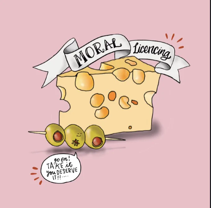 Cheese with moral licensing on a sash above it, an olive says “go on take it you deserve it”
