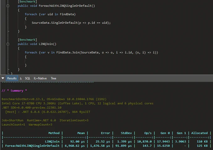 A benchmark showing a foreach loop with a LINQ SingleOrDefault call running 75x slower than a LINQ Join.