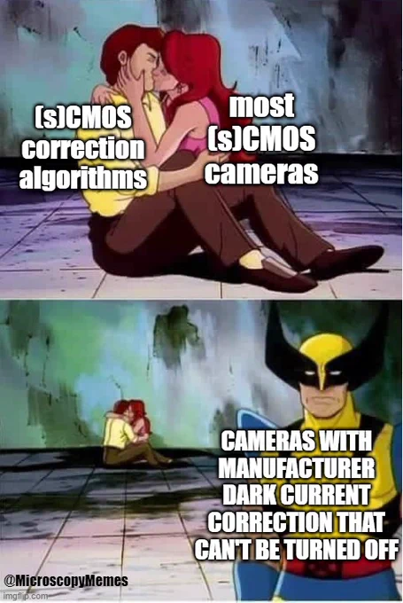 Meme: Sad Wolverine left out of party

Top: two people kissing with text "(s)CMOS correction algorithms" and "most (s)CMOS cameras)

Bottom: a more zoomed out shot with a frowning Wolverine with text: "cameras with manufacturer dark current correction that can't be turned off"