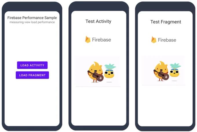 Image of three mobile phones lined up, next to one another with the Firebase mascot, Sparky on them. 
