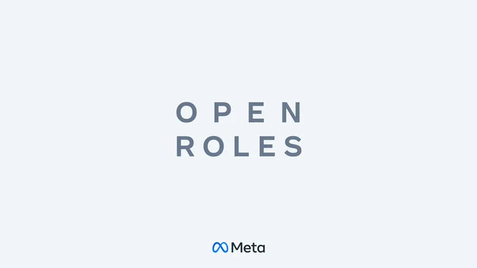 A light grey background with text that reads "Open Roles" in the center and the Meta company logo at the bottom.