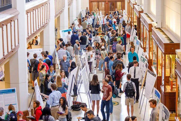 Students present their research projects in the Jordan Hall of Science Galleria at the University of Notre Dame.