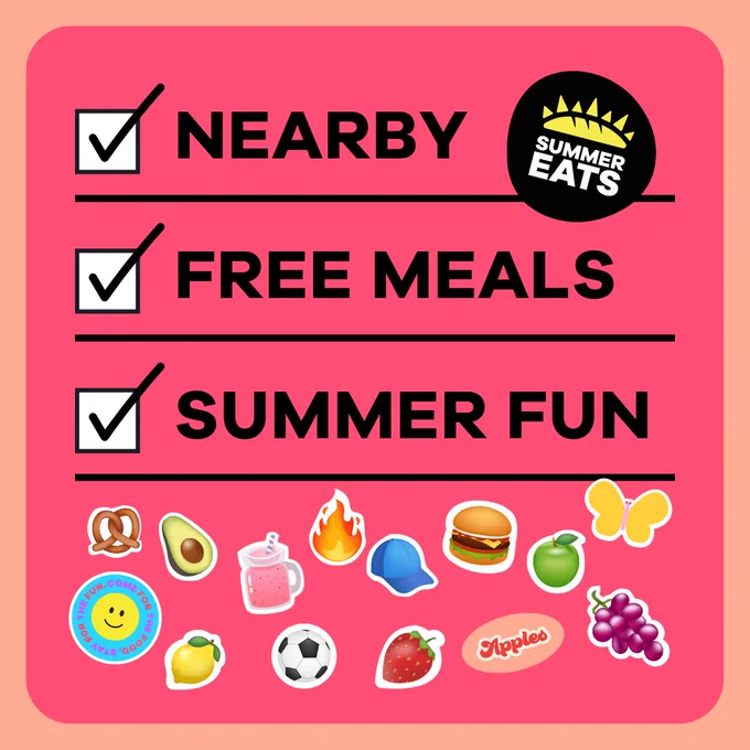 Summer Eats Checklist that has check boxes by Nearby, Free Meals, Summer Fun.