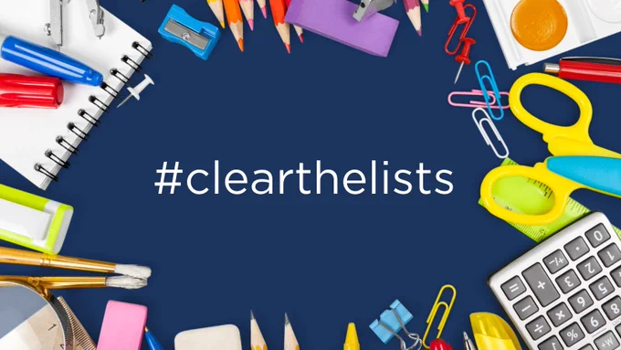 school supplies surrounding #clearthelists