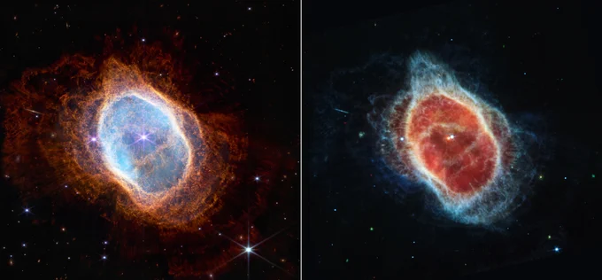 Two cameras aboard Webb captured the latest image of this planetary nebula, cataloged as NGC 3132, and known informally as the Southern Ring Nebula. Credits: NASA, ESA, CSA, and STScI
